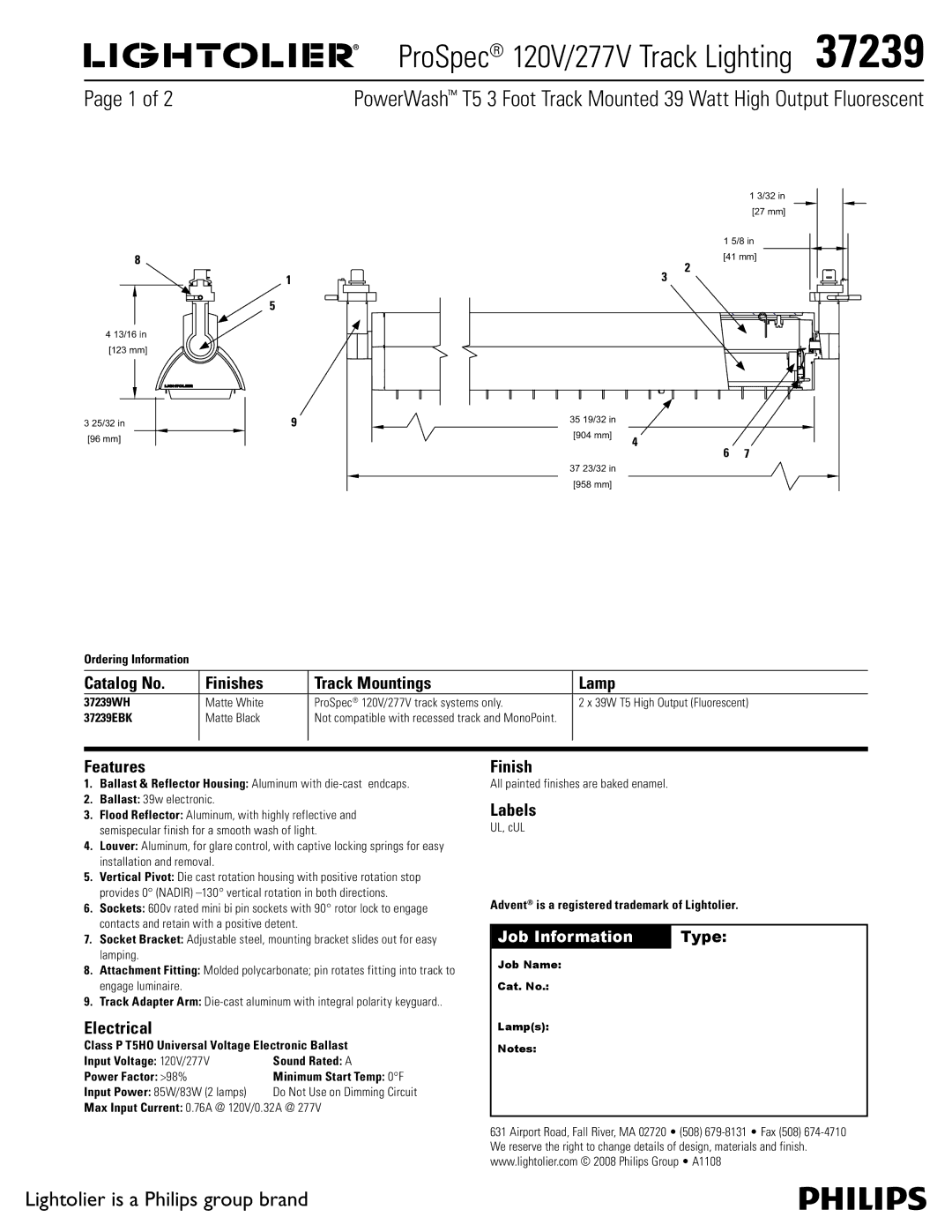 Lightolier 37239 manual ProSpec 120V/277V Track Lighting  